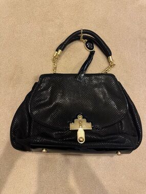 Nanette Lepore Black Textured Satchel with Gold Hardware